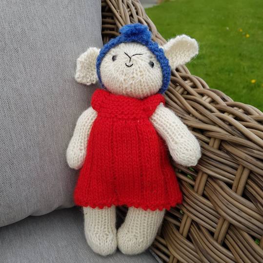 Wool Lamb Teddy - red dress with blue head band